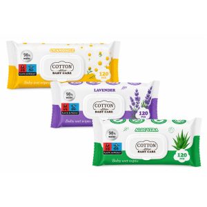 Влажни кърпички Cotton Baby Care 120 бр. – Лайка, Лавандула и Алое Вера